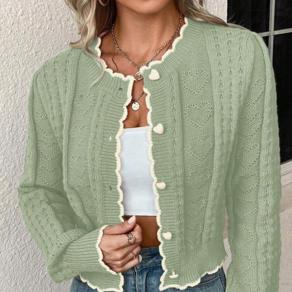 Green Casual Women's Long Sleeve Contrast Trim Cardigan - Picture 3 of 6
